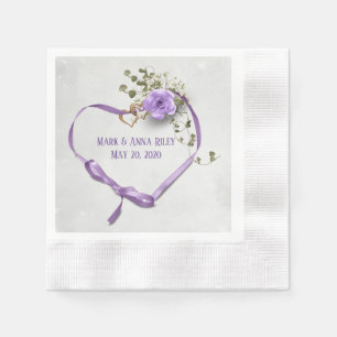 purple wedding ribbon heart with rings and rose napkin