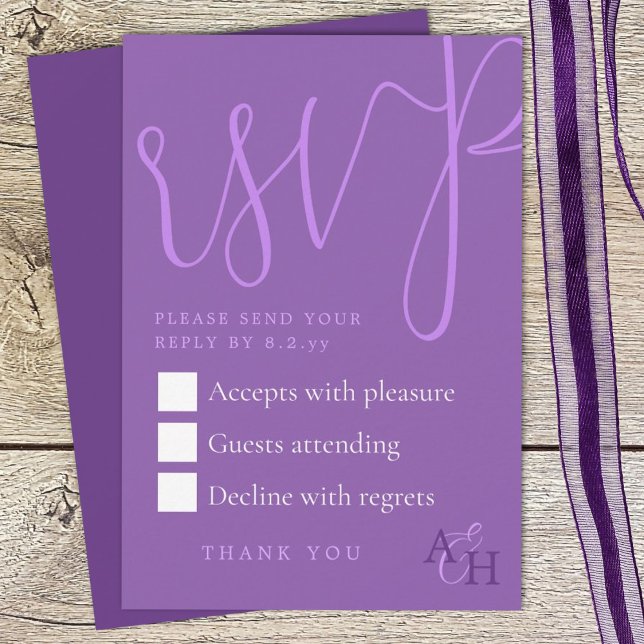 Purple Wedding RSVP Card (plum purple wedding rsvp enclosure card with elegant script calligraphy, return response card)