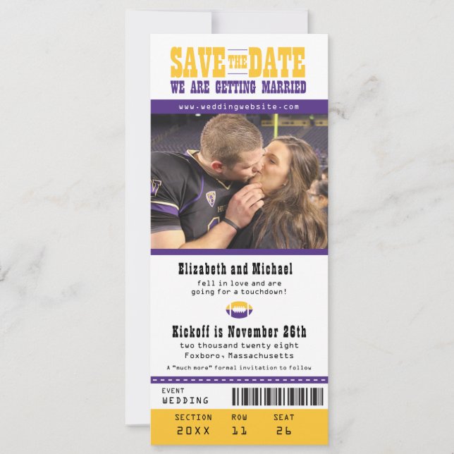 Purple  Wedding Save the Date Football Ticket (Front)