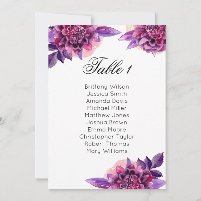Purple wedding seating chart. Floral table plan Invitation (Front)