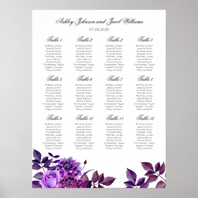 Purple wedding seating chart print. Violet flowers (Front)