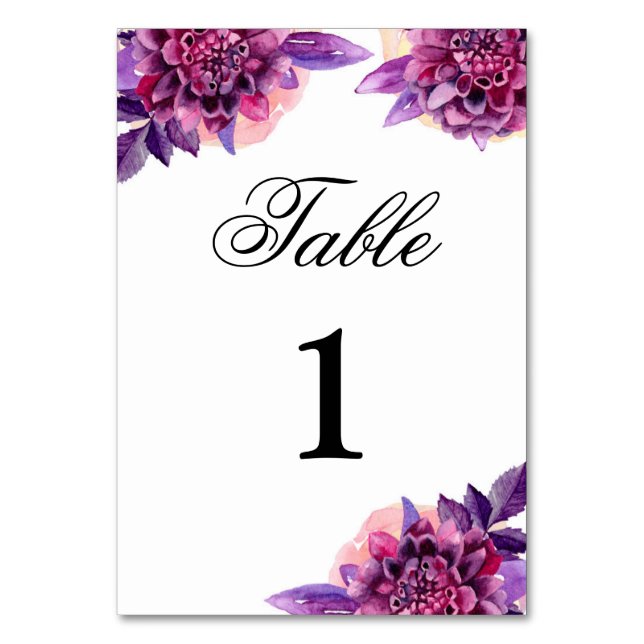 Purple wedding table number. Watercolor floral Number (Front)