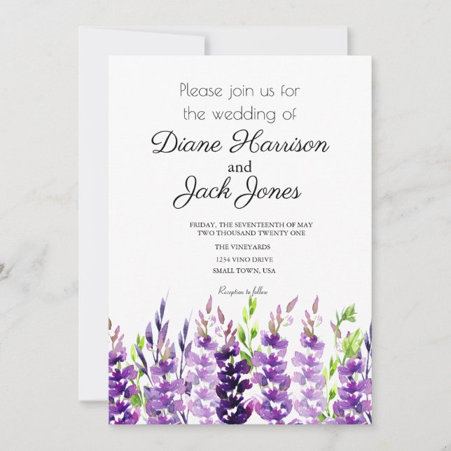 Purple Wedding Watercolor Lavender Invitation (Front)