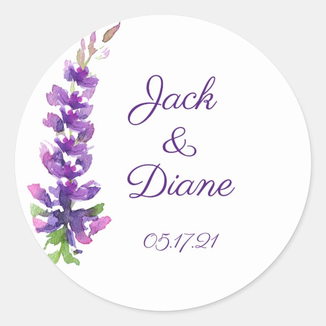 Purple Wedding Watercolor Lavender Stem Classic Round Sticker (Front)
