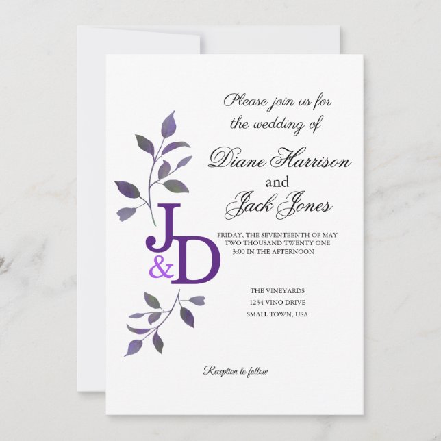 Purple Wedding Watercolor Leaf Invitation (Front)