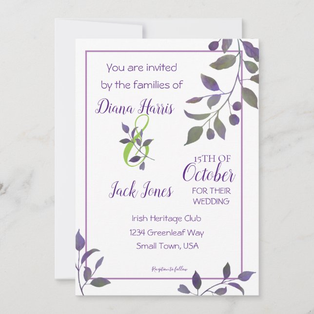 Purple Wedding Watercolor Leaf Invitation (Front)