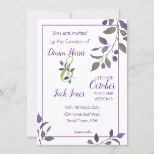 Purple Wedding Watercolor Leaf Invitation