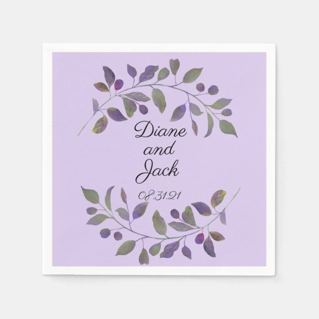 Purple Wedding Watercolor Leaf Napkin (Front)