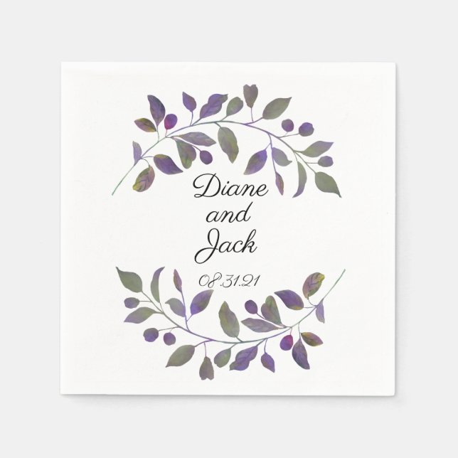 Purple Wedding Watercolor Leaf Napkin (Front)