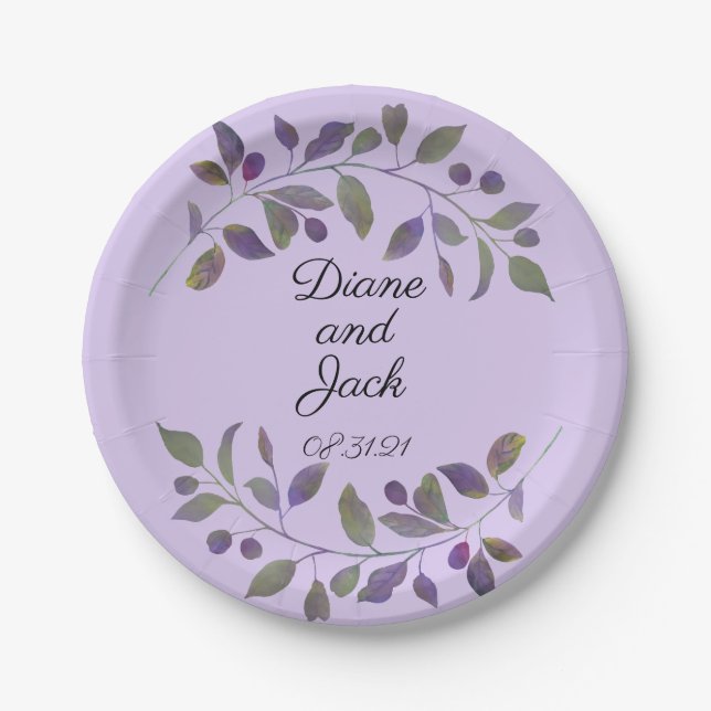 Purple Wedding Watercolor Leaf Paper Plate (Front)
