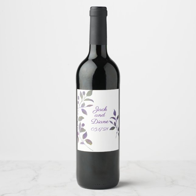 Purple Wedding Watercolor Stem Wine Bottle Label (Front)