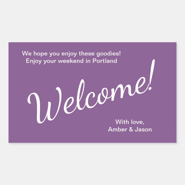 Purple Wedding Welcome Gift Basket Bag Rectangular Sticker (Front)