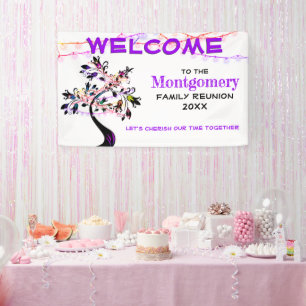 Purple Welcome Family Reunion Tree Lights Banner