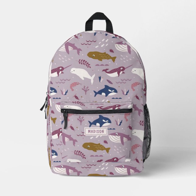 Purple whales - ocean animals personalised name printed backpack (Front)