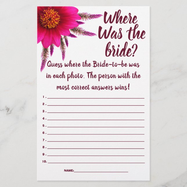 Purple Where was the bride? Shower Game Card (Front)