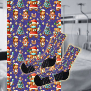 Purple Whimsical Christmas Gingerbread Girl Nurse Socks