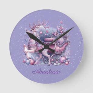 Purple Whimsical Christmas Reindeer Round Clock