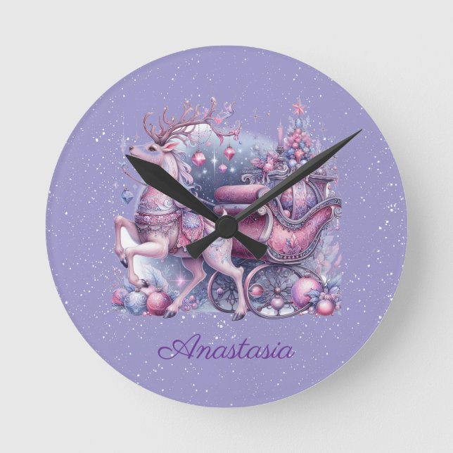 Purple Whimsical Christmas Reindeer Round Clock (Front)