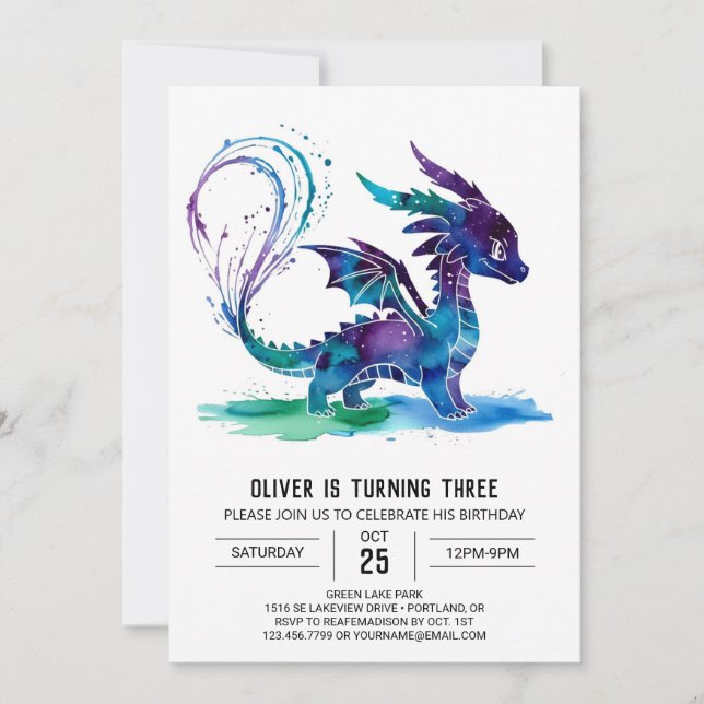 Purple Whimsical Dragon Digital Boy Birthday Invitation (Front)