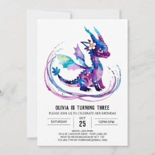 Purple Whimsical Dragon Digital Girl Birthday Invitation