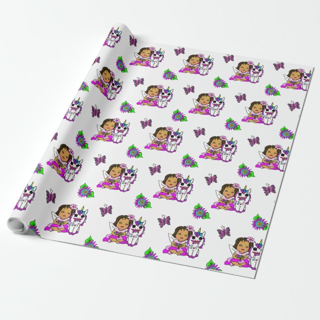 Purple Whimsical  Fairy, Flowers, Butterflies Wrapping Paper (Unrolled)