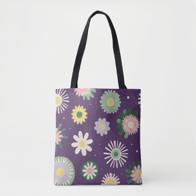Purple Whimsical Floral Pattern Tote Bag (Front)