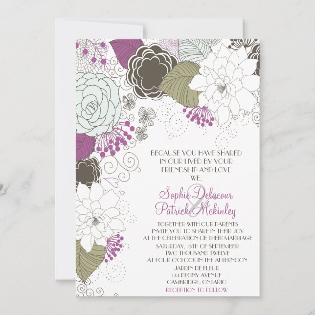 Purple Whimsical Floral Wedding Invitations (Front)