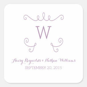 Purple Whimsical Flourish Monogram Wedding Square Sticker