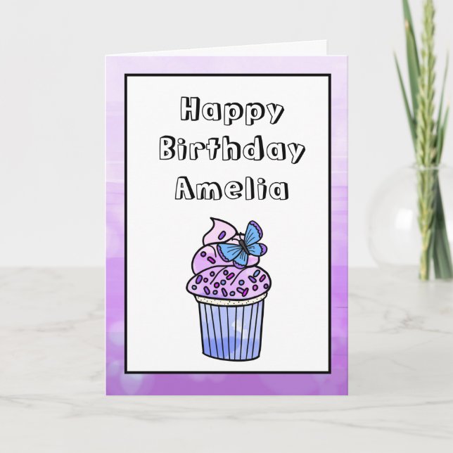 Purple Whimsical Girl's Butterfly Cupcake Birthday Card (Front)