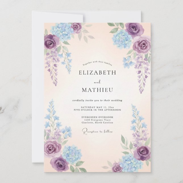 Purple Whimsical Hydrangea Wedding Invitation (Front)