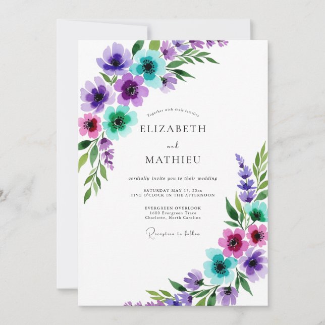 Purple Whimsical Watercolor Spring Wedding Invitation (Front)