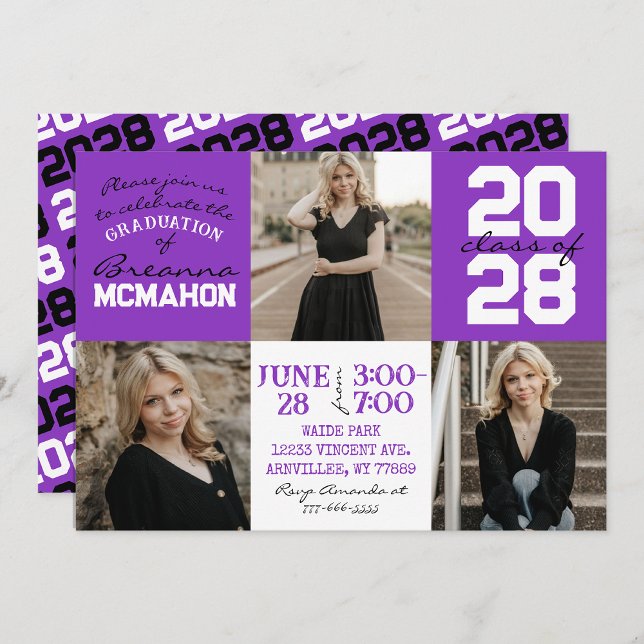 Purple & White 3 Photo Graduation Invitation (Creator Uploaded)