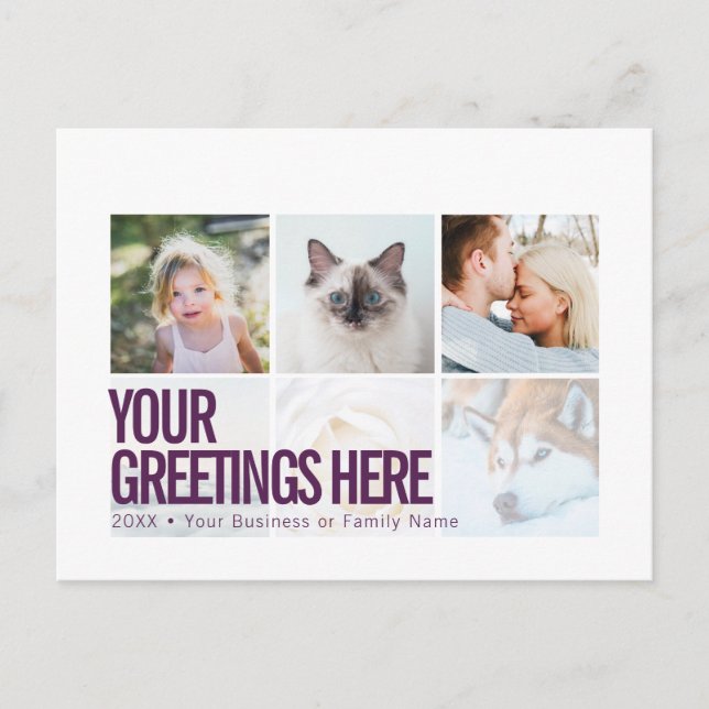 Purple White 6 photos Modern Universal Greetings Postcard (Front)