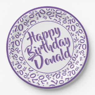 Purple/White 70th Random Number Pattern Paper Plate