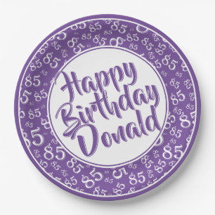 Purple/White 85th Random Number Pattern Paper Plate