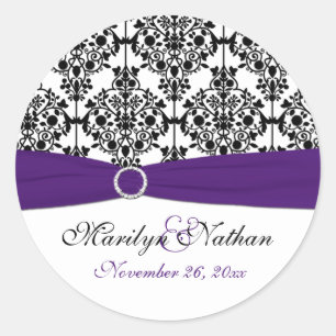 Purple, White, and Black Damask 1.5" Round Sticker