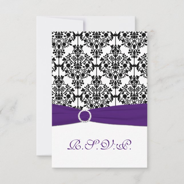 Purple, White and Black Damask Reply Card 2 (Front)