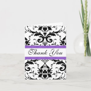 Purple, White and Black Damask Thank You Card