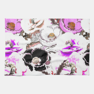 Purple, white and black flowers. tea towel