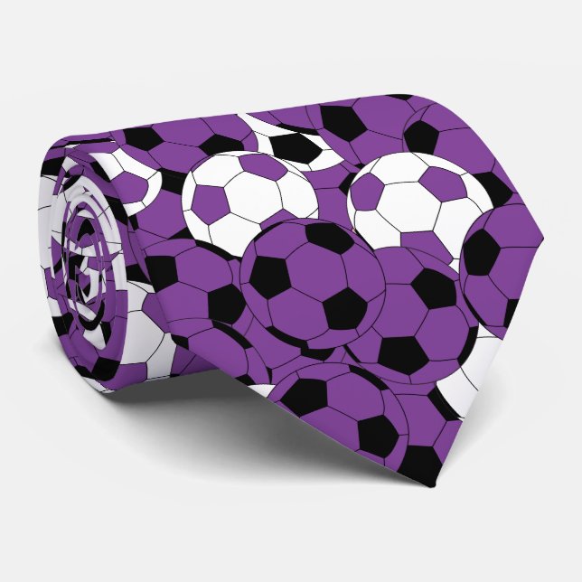 Purple, White and Black Soccer Ball Collage Tie (Rolled)