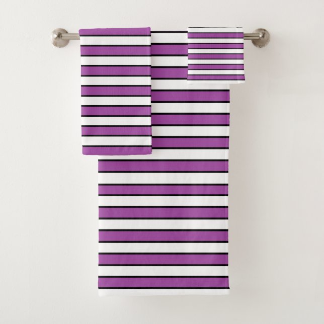 Purple, White and Black Stripes Bath Towel Set (Insitu)