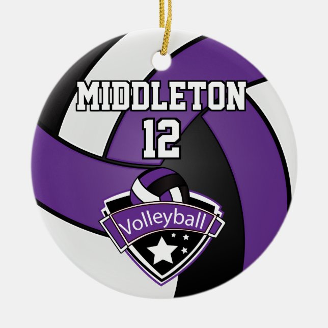 Purple, White and Black Volleyball Ceramic Tree Decoration (Front)