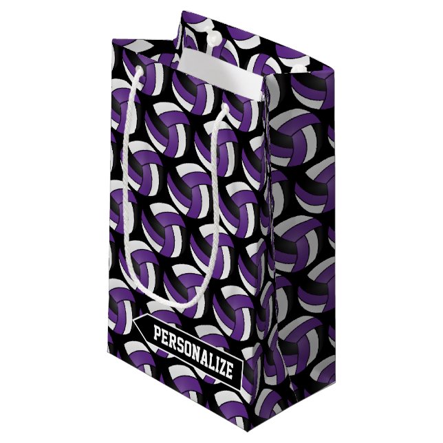 Purple, White and Black Volleyball - Personalise Small Gift Bag (Front Angled)