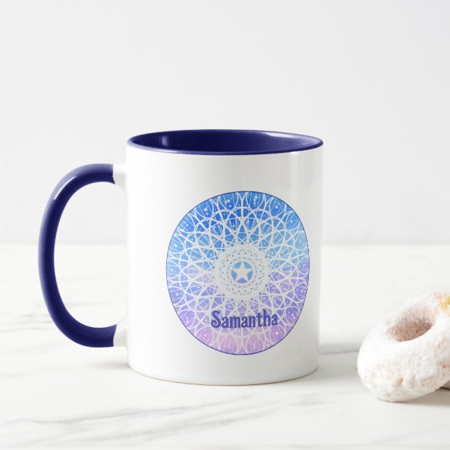 Purple,White And Blue Space Floral Mandala Mug (With Donut)