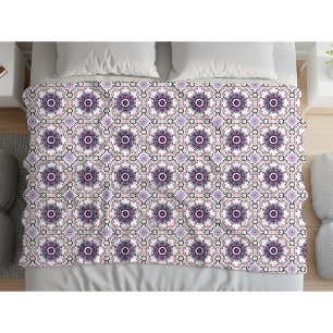 Purple, white and gray geometric mandala pattern fleece blanket