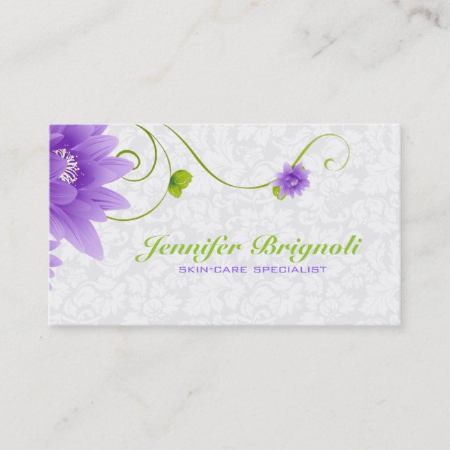 Purple White And Green Floral Design Business Card (Front)