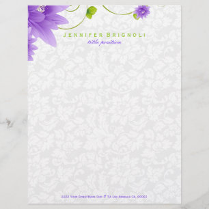 Purple White And Green Floral Design Customized Letterhead