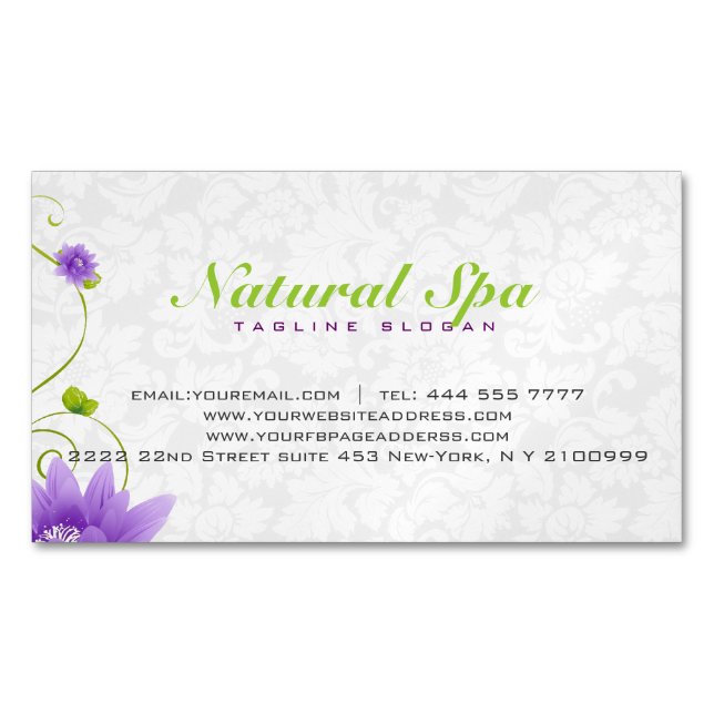 Purple White And Green Floral Design Magnetic Business Card (Front)