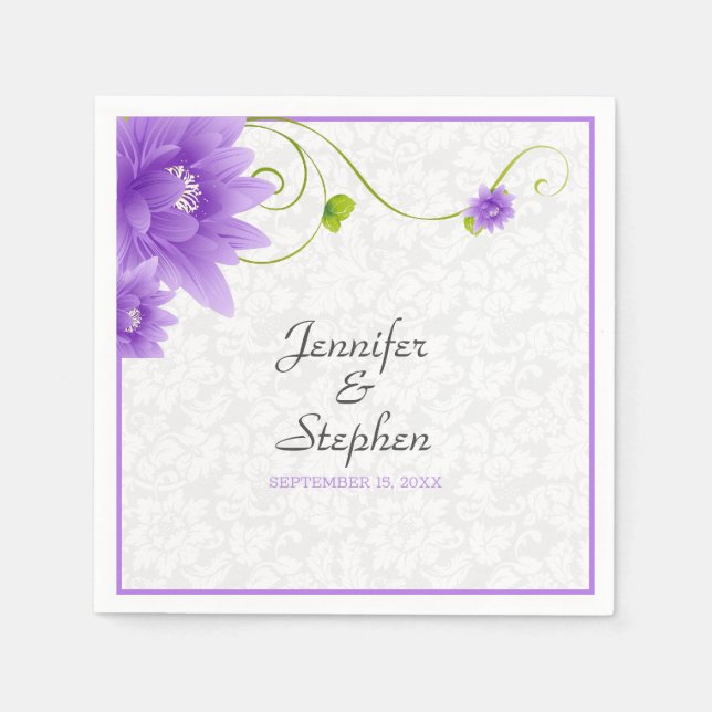 Purple White And Green Floral Design Napkins (Front)
