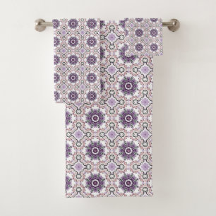 Purple, white and grey geometric mandala pattern bath towel set